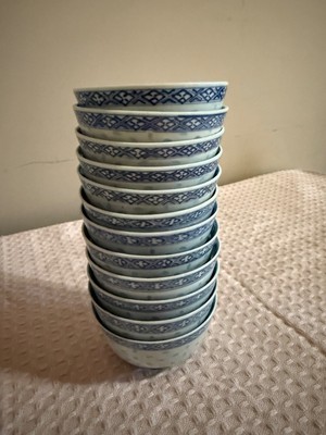 Set of 10 Blue Pattern Ceramic Bowls   Vintage Hong Kong Export