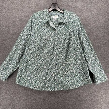 Croft & Barrow Top Womens 2X Green Floral Button Up Boho Cottage Office Peasant