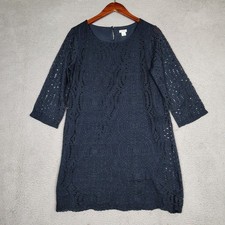J.Crew Dress Women's 10 Navy Lined Lace Detail 3/4 Sleeve Shift Modest Party