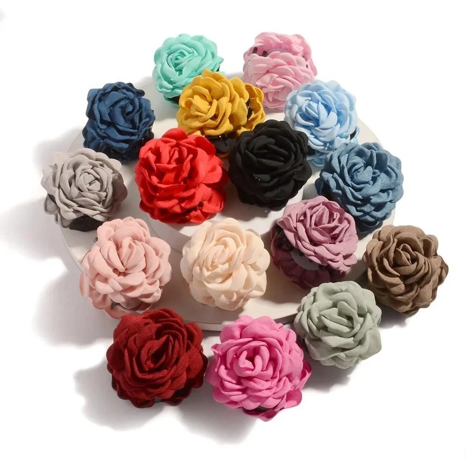 16 Colors Sweat Medium Size Cotton Fabric Rose Flower Hair Claw Clips for Women - Image 4 of 4