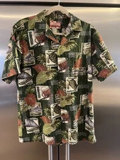 RJC Hawaiian Shirt Mens Size M Button Up Drum Boat Turtle Fish Made in USA
