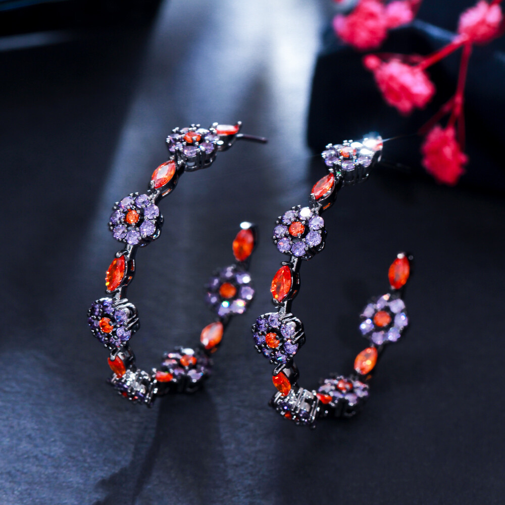 Pendientes de aro con flores boho para mujer enchapados en oro negro púrpura rojo circonita circonita joyería