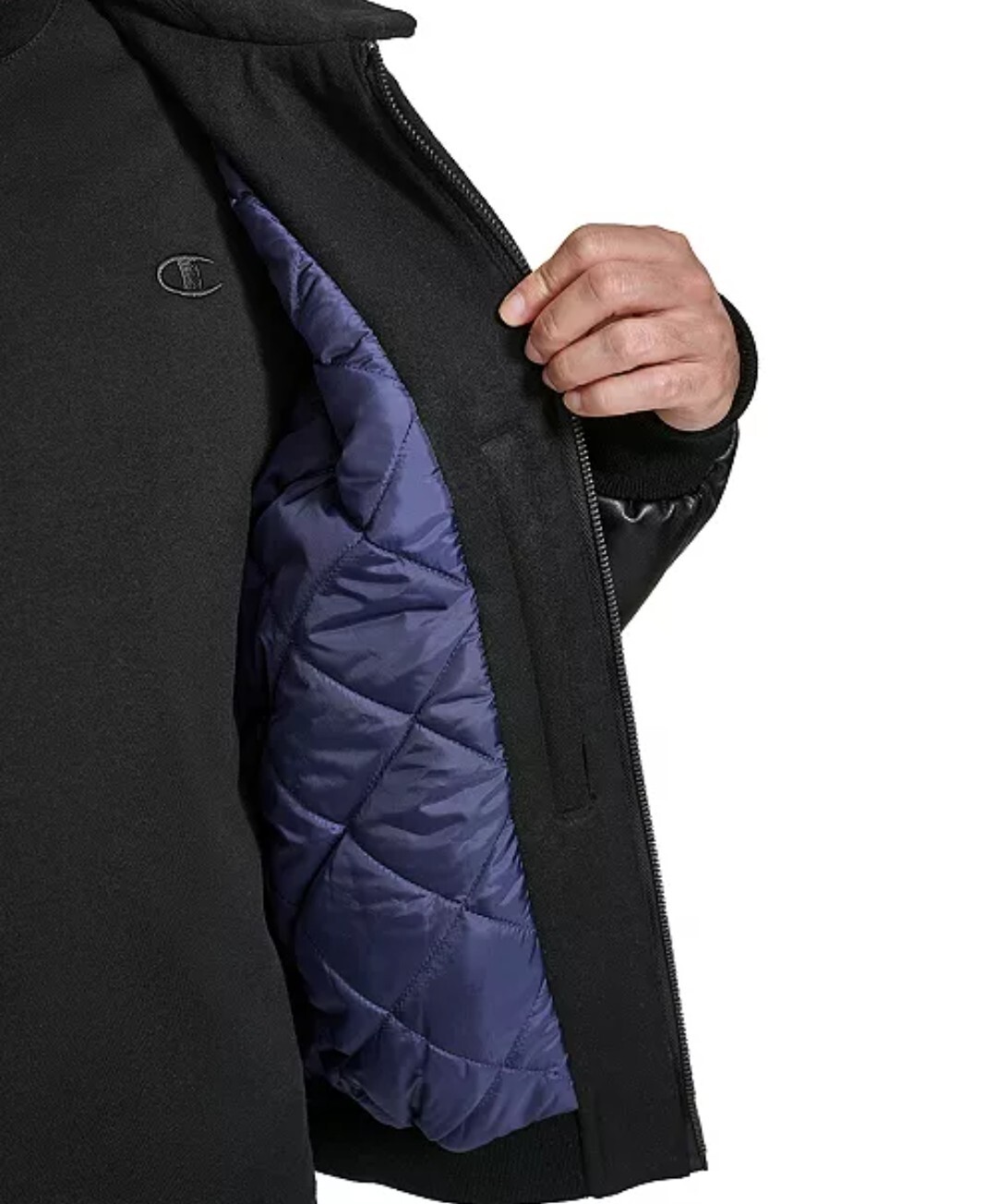 Champion Mixed-Media Logo Zip Men's Black Varsity Jacket New image 5