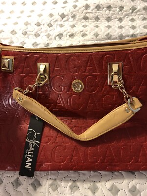 New Womens Galian New York Red Gold Accent Purse Snap Closure Tote