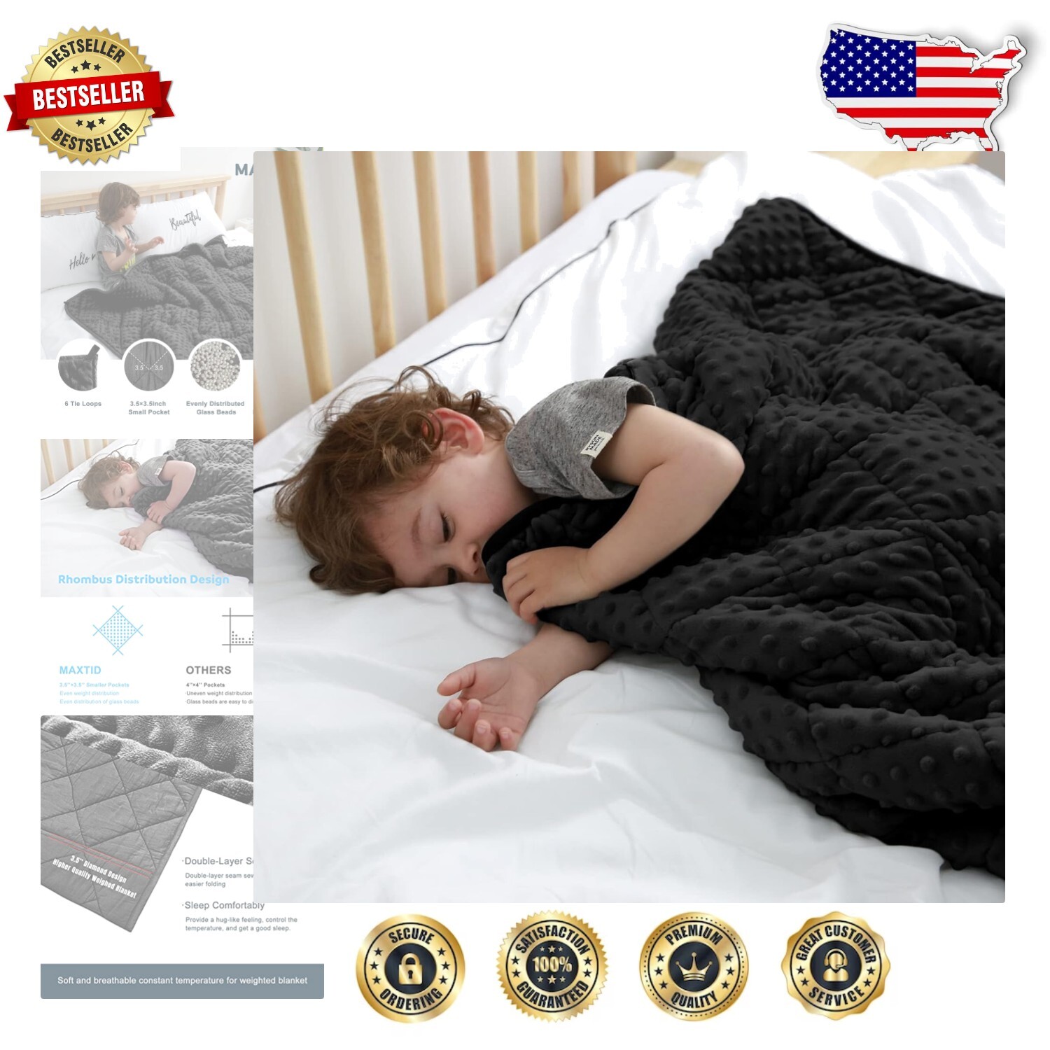 5 lb Reversible Weighted Blanket for Kids 36x48 Black  -image
