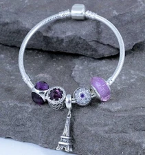 .925 Sterling Silver CZ European Bracelet Bangle W/ Charms Beads Purple Eiffel 