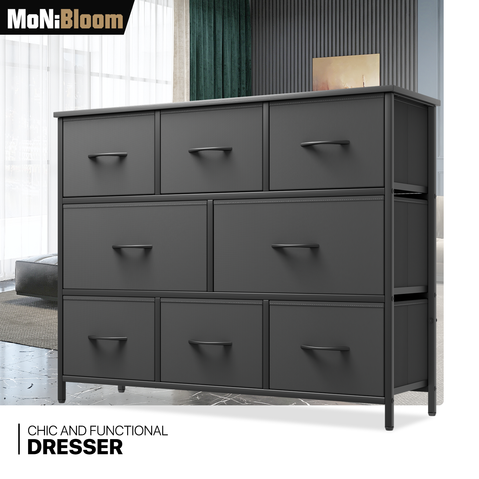 8 Tier Black Drawer Dressers Fabric Chest Drawers Bedroom Organizer Storage Unit