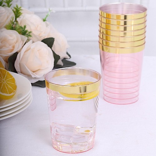 25 Crystal BLUSH GOLD 10 oz Plastic CUPS Gold Rim Party Events Decorations