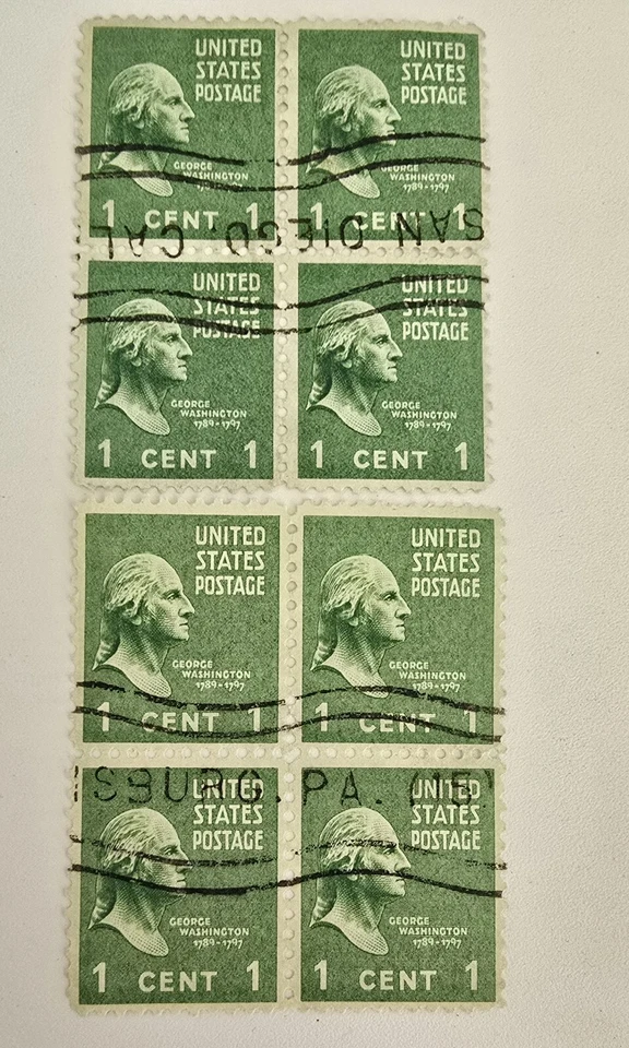 2X PLATE BLOCK OF 4 ONE CENT STAMPS. GREEN GEORGE WASHINGTON. USED. - Image 2 of 4