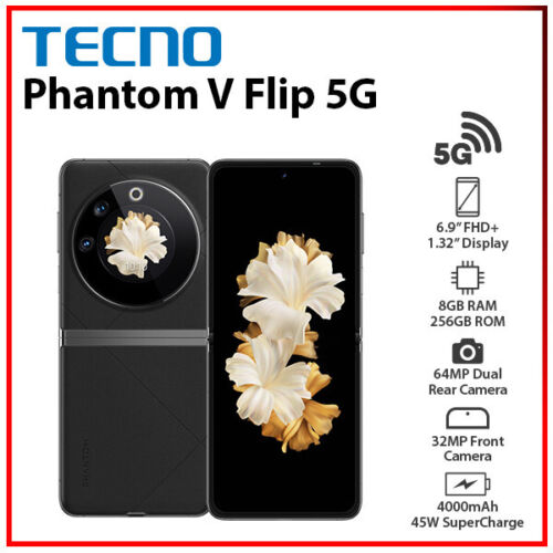 (Unlocked)TECNO Phantom V Flip 5G 8GB+256GB BLACK Dual SIM Android Cell Phone - Picture 1 of 6