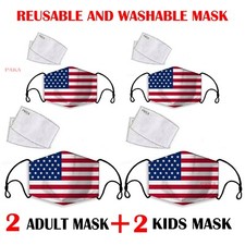 4 PCS USA flag KIDS ADULT Reusable ANTI-FOG Face Mask , 2 PM2.5 Filters