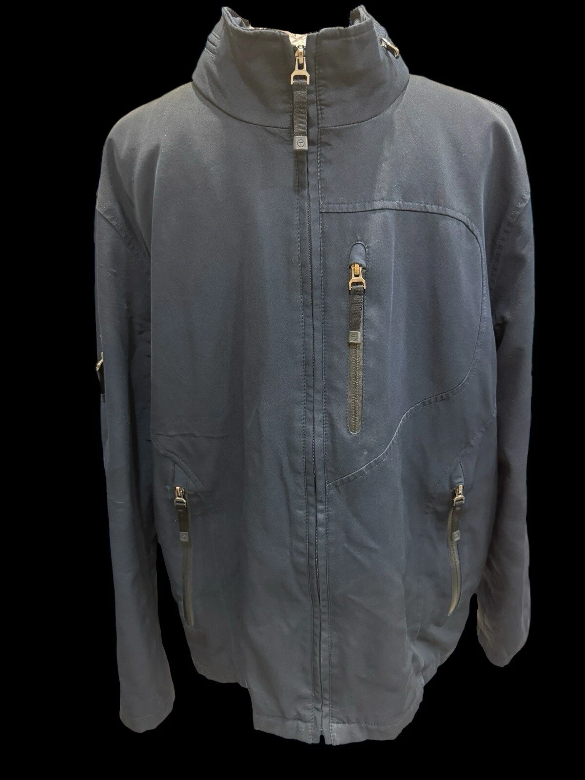 Tech By Tumi Blue Waterproof Hidden Hood Jacket W/ 5 Zip Pockets. Quilted