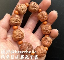 Natural Peach Wood Carved 4 Faced Buddha Head Bracelet Handcraft Hand Chain Zen