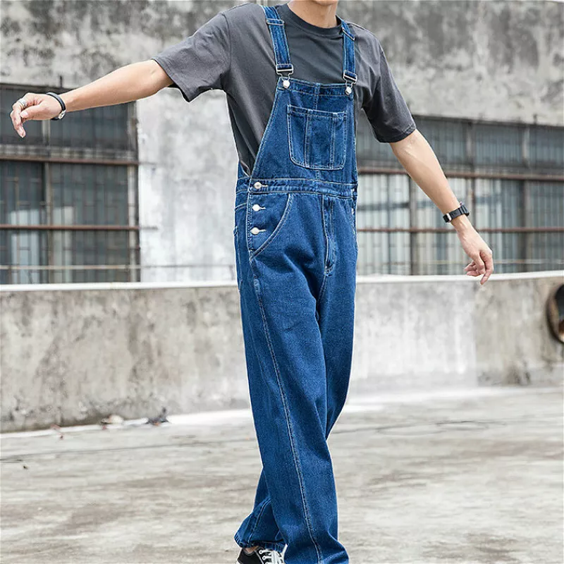 Men Denim Bib Overalls Jeans Loose Jumpsuit with Pocket Pants Work Trousers  Blue