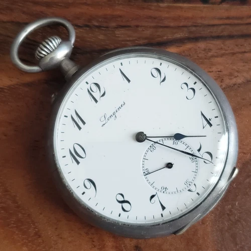 Antique 1910 Longines Pocket Watch Manual Wind, Sterling Silver Case, Swiss Made