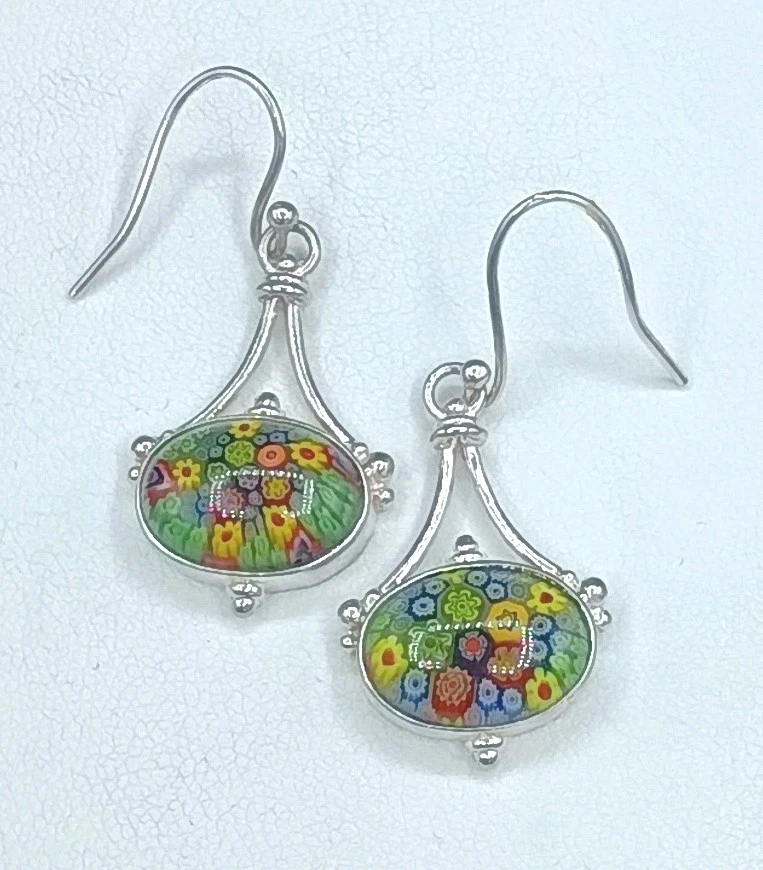 Vintage Murano Millefiori Earrings Sterling Silver Italy Venetian Glass Flowers - Image 2 of 4