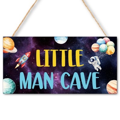Outer Space Little Man Cave Sign for Boys, Space Astronaut Wood Hanging Sign ...