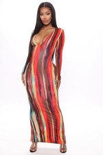 Fashion Nova Work Of Art Long Sleeve Maxi Dress Multi Color Size Medium NWT