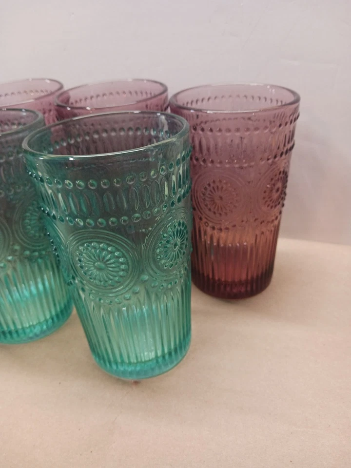 Pioneer Woman Set Of 7 Textured  Heavy Drinking Glasses Embossed Design 16oz - Image 3 of 3