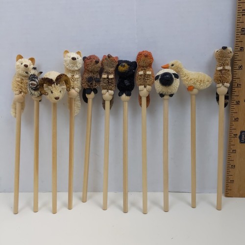 Vintage Wooden Animal Toy Figures on Sticks Kids Play Set Waldorf Style Natural