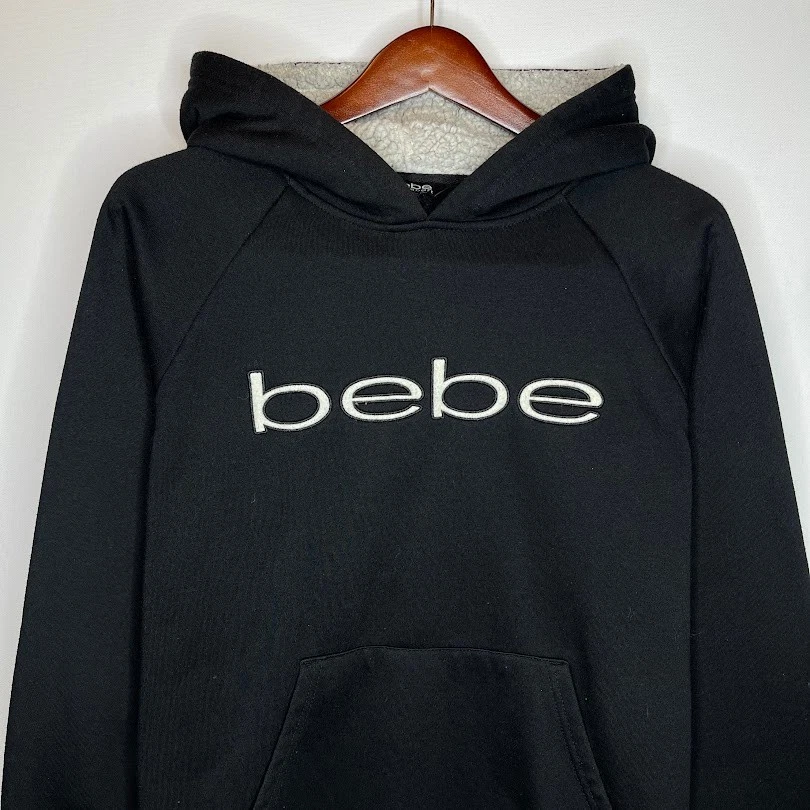 Bebe Sport Black Hoodie Sherpa Lined Pullover Women’s 1X Logo Sweatshirt - Image 2 of 4