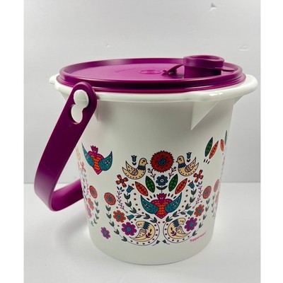 Tupperware Easy Go Bucket 5L With Pour Spout Handle Floral and Bird Purple