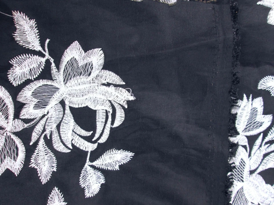 Vintage Embroidered White Rose Floral Black Taffeta Fabric Remnant 1 yd 58" Wide - Image 3 of 4