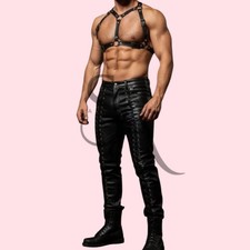 Men's Front Back Lace Up Style Black Leather Pant In Genuine Lambskin Leather