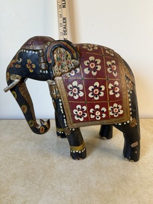 Vintage Large Handcarved and Painted Wood Elephant from India 11.5  X 12.5  X 6 