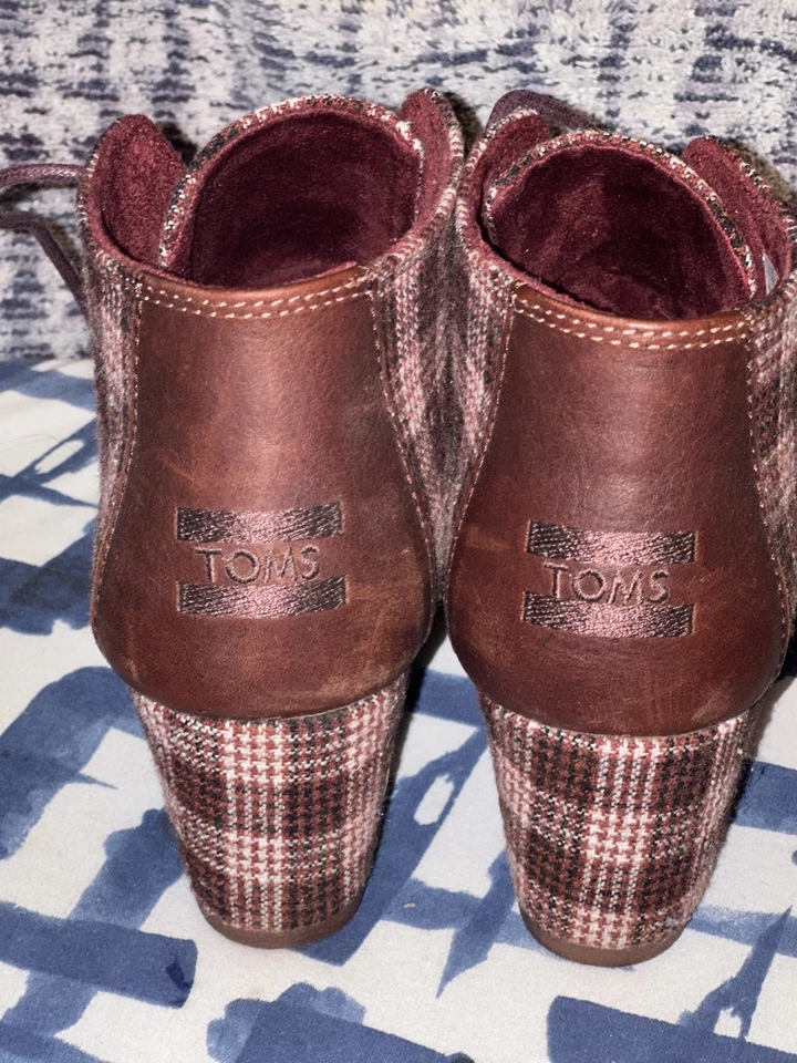 Botín de cuña Toms Kelsey para mujer de lana a cuadros rojo marrón talla 6,5 otoño festivo Foto 4 de 4