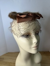 VTG Veiled Hat w/ Sable Mink Trim Satin Bow 50s Cocktail Old Hollywood Glam