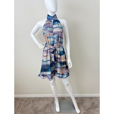 NWT Halter Mini Dress Medium Watercolor Abstract Blue Ruffle Hem Wedding Guest