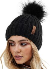 Womens Winter Knitted Beanie Hat with Faux Fur Pom Warm Knit Skull Cap Beanie fo