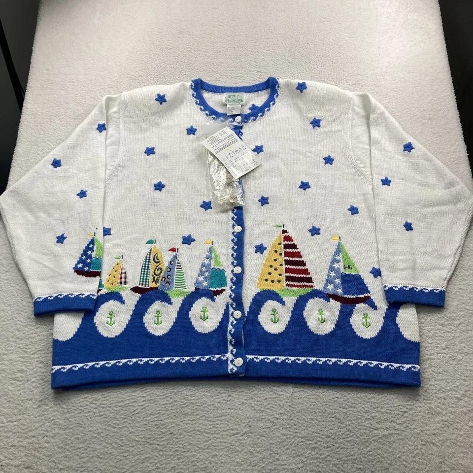Vintage Quacker Factory Knit Cardigan Sweater Womens 3XL White Sailboats Ramie - Image 2 of 4