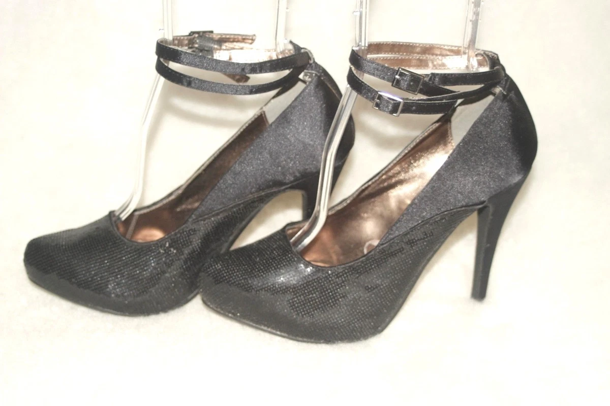 WET SEAL Shoes Heels Black Satin Sequins Ankle Straps Sz 8.5 M