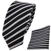 Schmale Designer Tigertie Krawatte + Einstecktuch Schwarz Grau Silber Gestreift