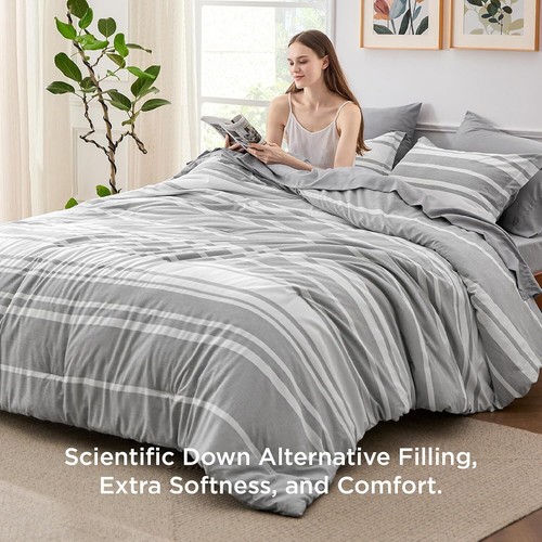 7 Piece Full Size Bed Set Grey & White Striped Bedding All Season Comforter Set - Picture 5 of 8