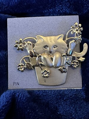 Vintage AJC Cat in Flower Pot Brooch Pin Gold Tone Original Card New