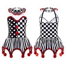 Kids Girls Circus Joker Dress Halter Neck Costume Princess Cosplay Pompoms Dots