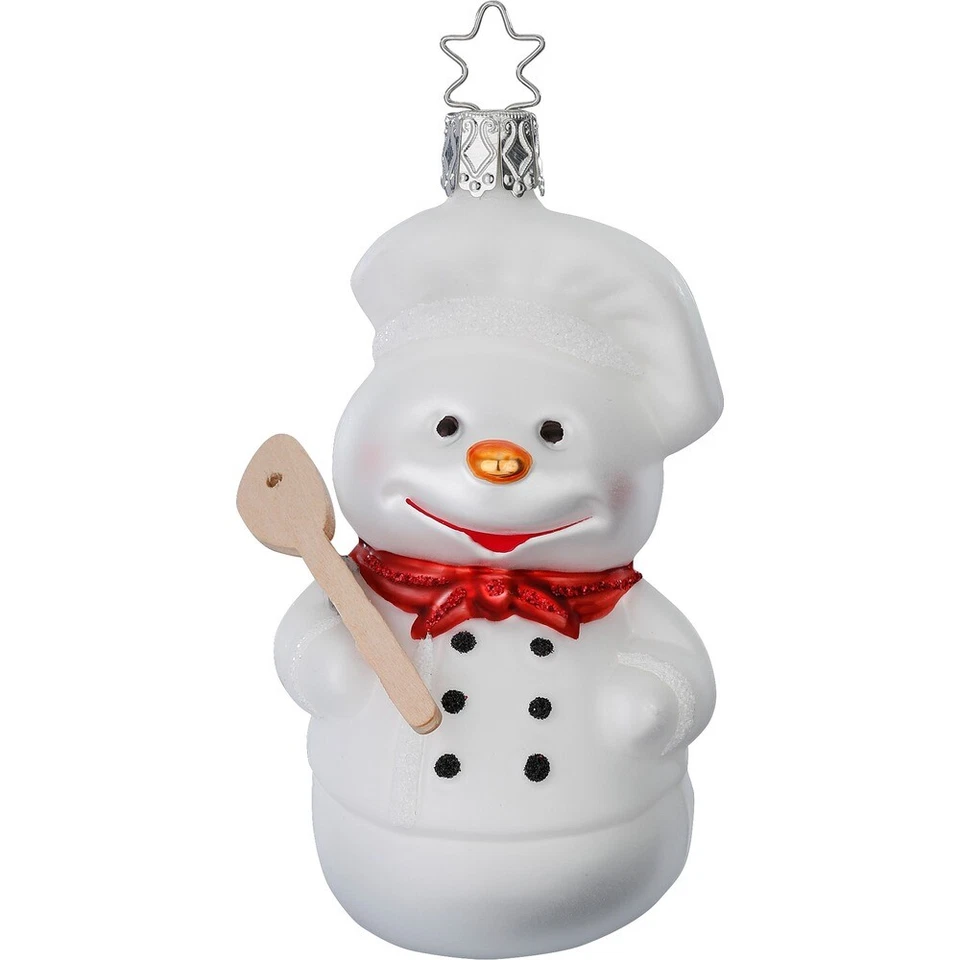 INGE-GLAS Adornos de árbol de Navidad muñeco de nieve con cuchara de cocina 10,5 cm figura de vidrio soplado a boca blanco