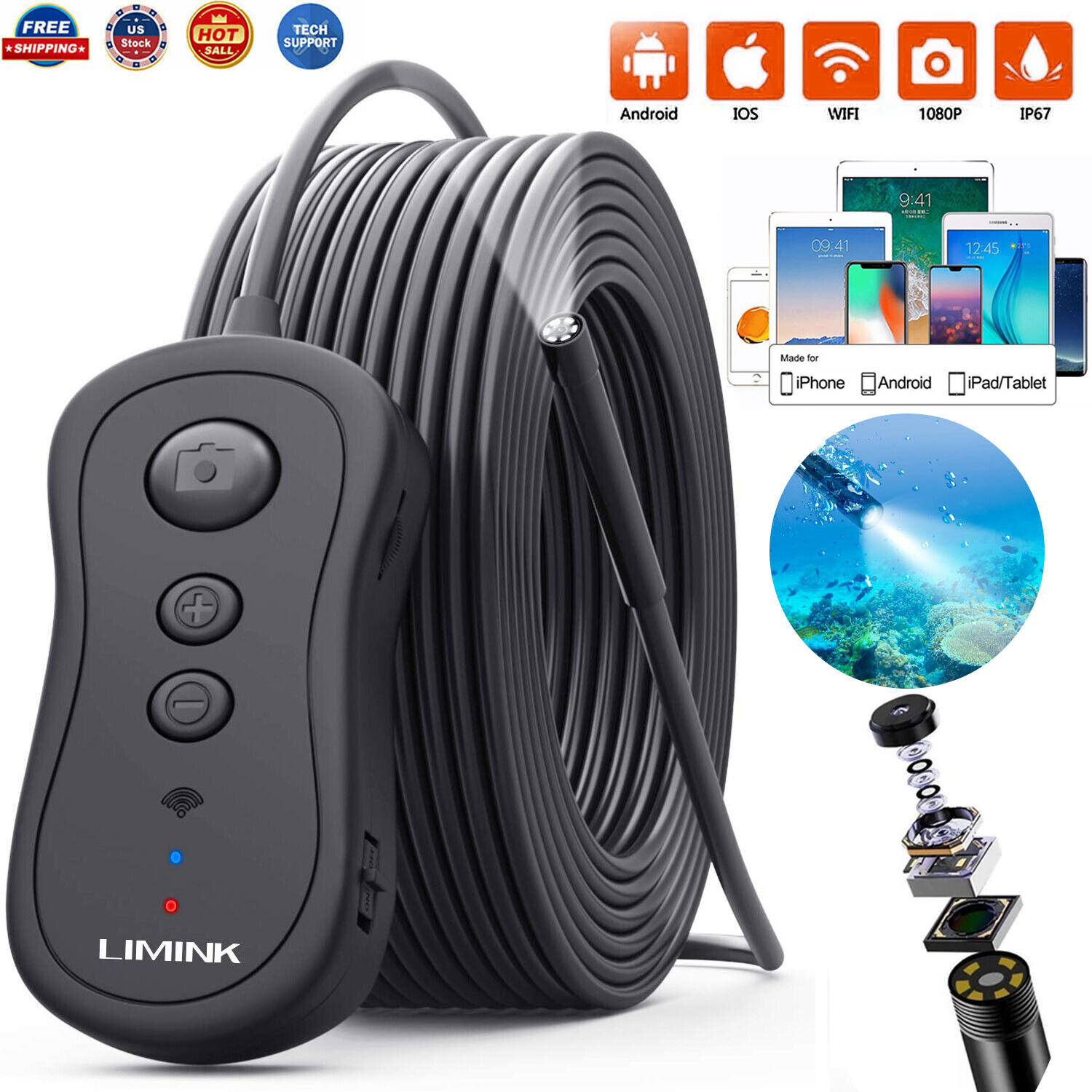 Bombing free shipping Wireless Endoscope WiFi Our shop most popular Borescope Snake Sewer 32.8Ft 2MP Camera