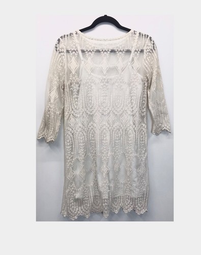 Forever 21 Sheath Dress Cream Lace 3/4 Sleeve Mini Size Small - Picture 6 of 6