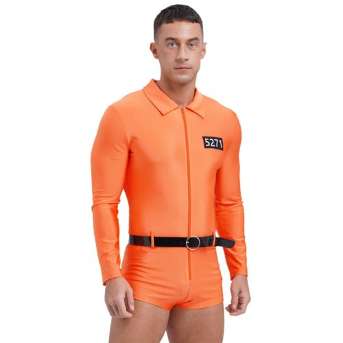 Mens Bodysuits Prison Catsuits Costume Rompers Front Zip Uniform Boxer Shorts - Picture 1 of 21