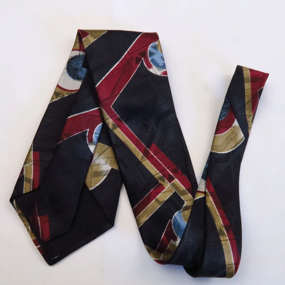 Corbata de cuello vintage Duke negra roja dorada abstracta patrón geométrico para hombre 55x3,75 años 80 Foto 4 de 4
