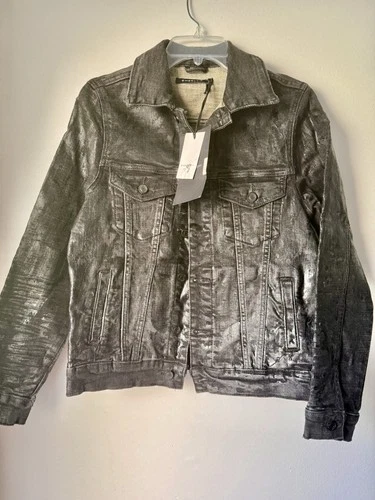 NWT EMBELLISH Black Waxed Denim Trucker Jacket Mens S Moto Biker Shiny - product listing photo