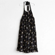 Who What Wear Black Floral Midi Dress Med Halter Tie Neck Boho Cottagecore Lined