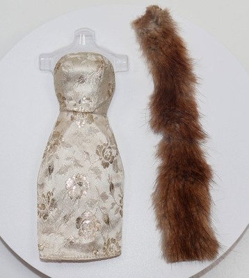 Vintage Barbie Clone Miss Suzette Floral Brocade Sheath Dress W/Real Fur Stole