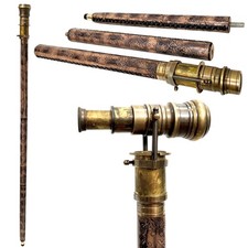 Antique Compass Telescope Walking Stick Cane Grey Leather Covered Solid Woode...