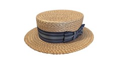 Vintage Straw Boater Hat Pilgrim Merritt Bethig Blue Ribbon 