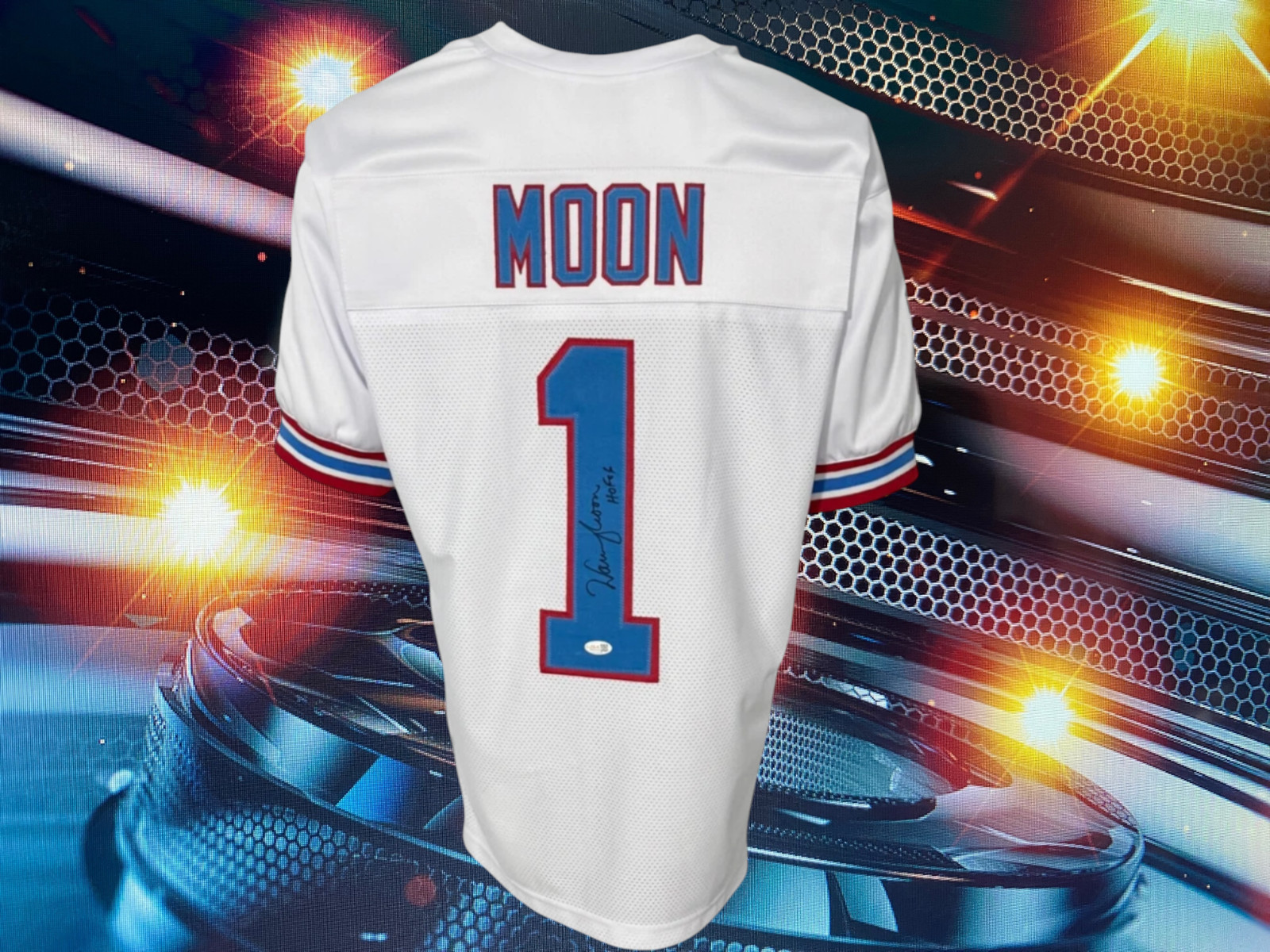 WARREN MOON AUTOGRAPHED CUSTOM "HOF 06" HOUSTON OILERS WHITE JERSEY COA JSA